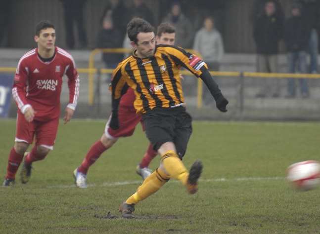 Darren Smith scores a penalty for Folkestone in the 2012/13 season Picture: Gary Browne