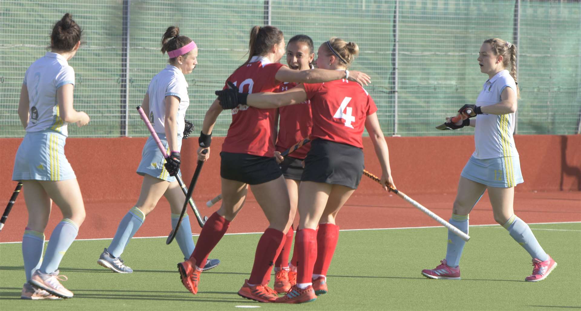Holcombe celebrate scoring during the EuroHockey Club Trophy. Picture: Theresa Waight