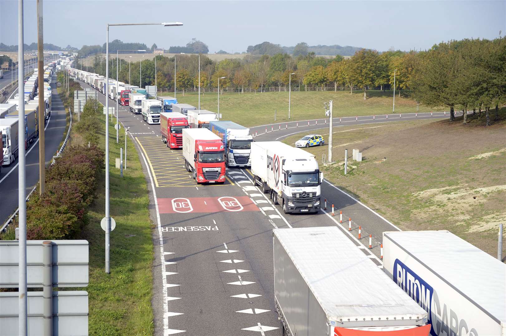 Lorries queueing between junction 11 and 11a due to delays at Eurotunnel. Will this become a common sight? Picture: Barry Goodwin.