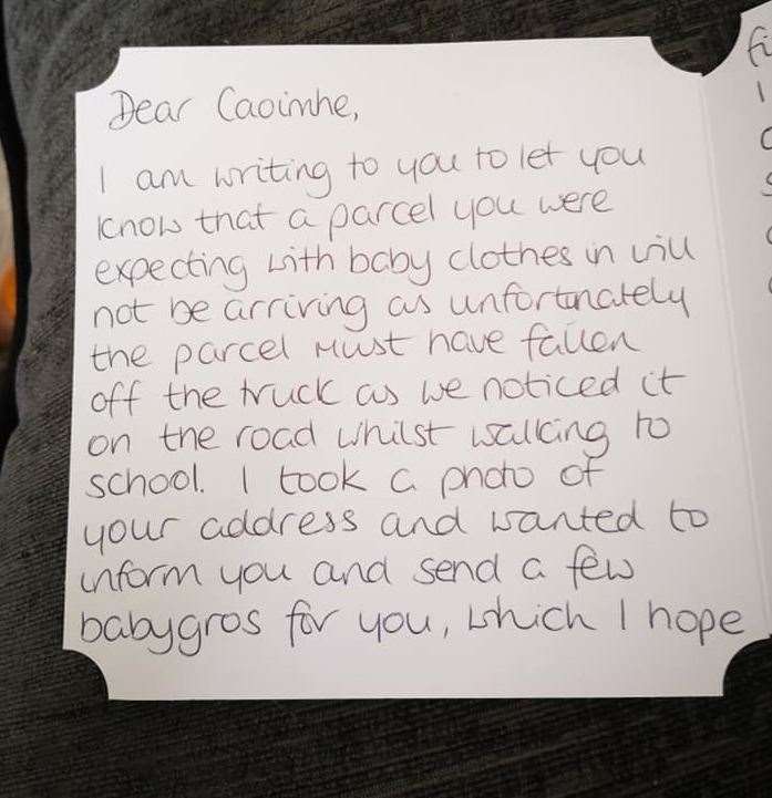 The note sent to Caoimhe Mcconway after the parcel was found in Maidstone