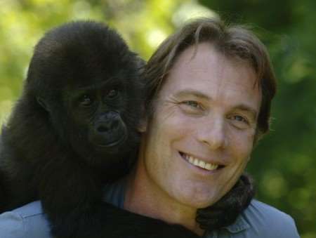 Damian Aspinal with one of the young gorillas. Picture: Paul Dennis