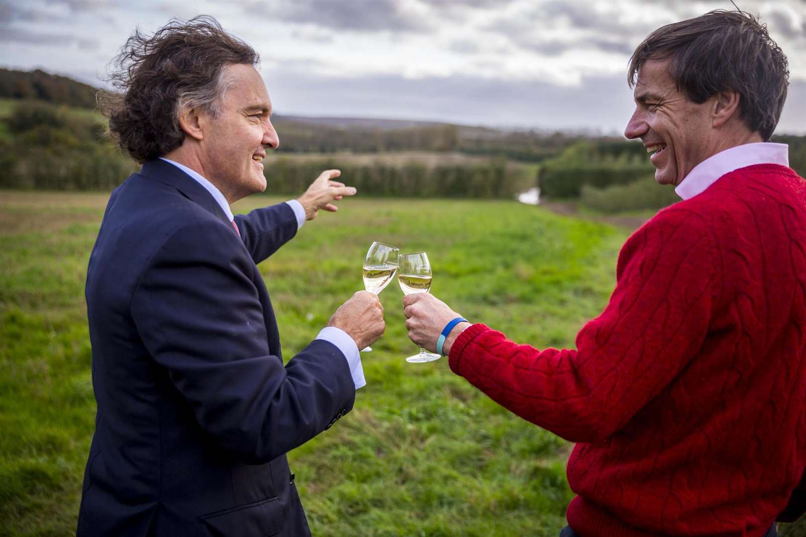 Pierre-Emmanuel Taittinger and Patrick McGrath toast the future vineyard. Picture: Thomas Alexander