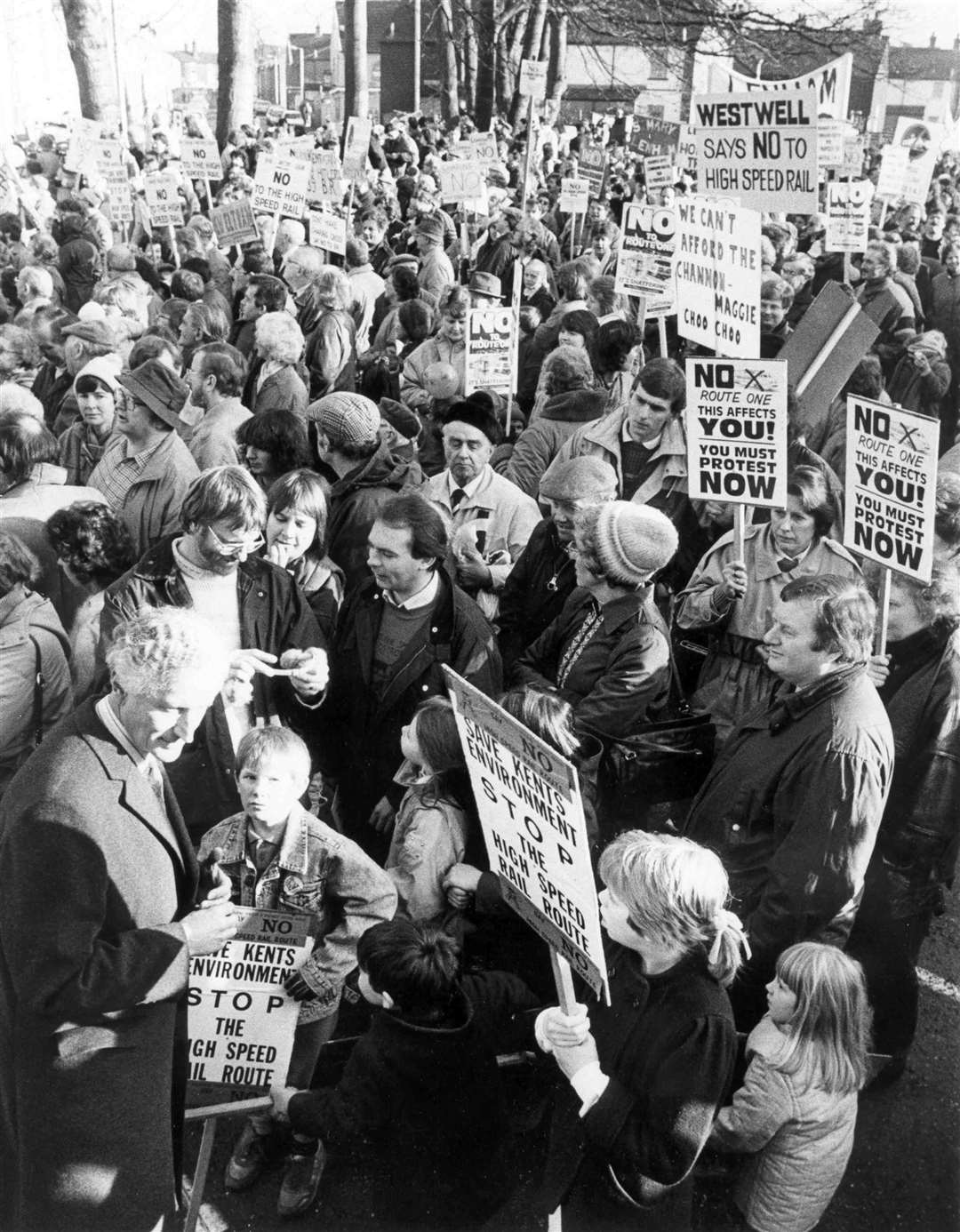 Thousands of protesters took to the streets and staged rallies in what was an unprecedented display of people power against what would become the Eurostar rail link. This rally was outside County Hall in Maidstone in March, 1989. A huge sound system played the noise of a French high speed train to demonstrate what it would be like to live next to the link