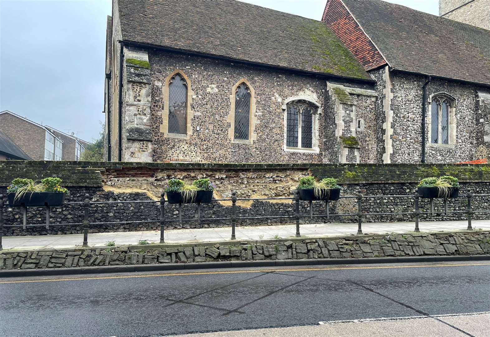 The crumbling wall at St Margaret's Church in Rainham when it collapsed in January