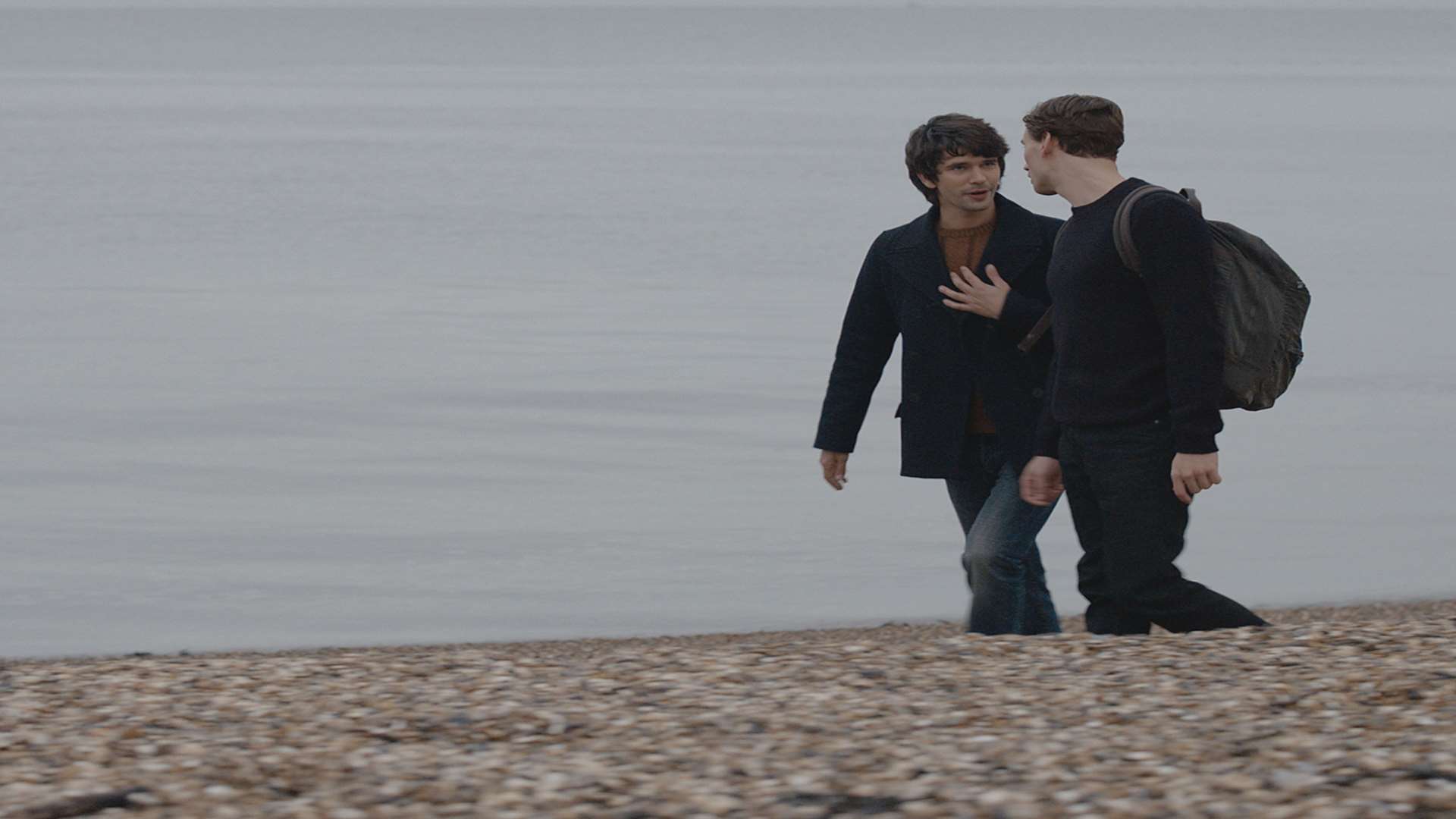 Danny (Ben Whishaw) and Joe (Edward Holcroft) on the beach during filming. Picture: WTTV Limited