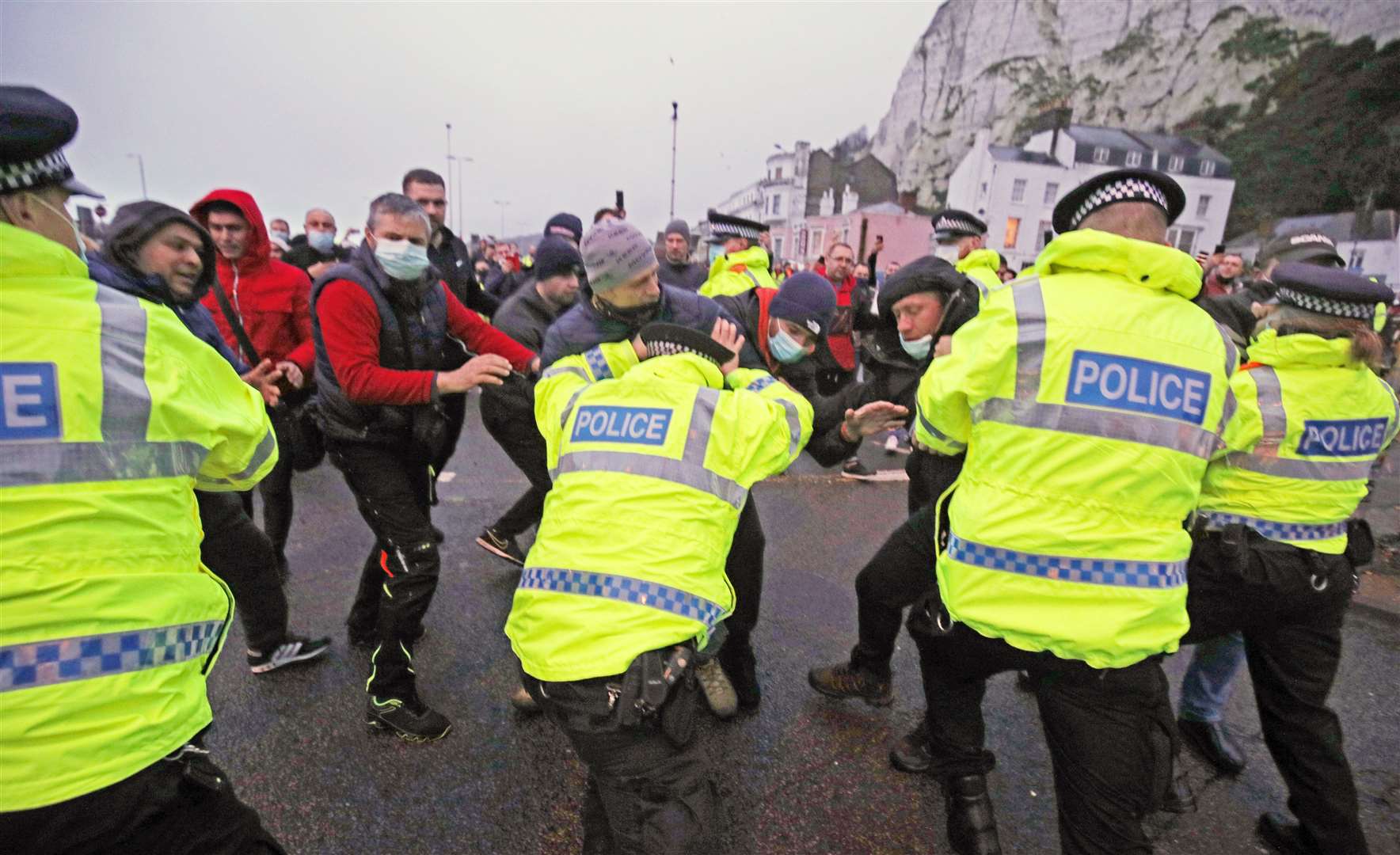 Police had to hold back drivers trying to enter the Port of Dover. Picture: PA
