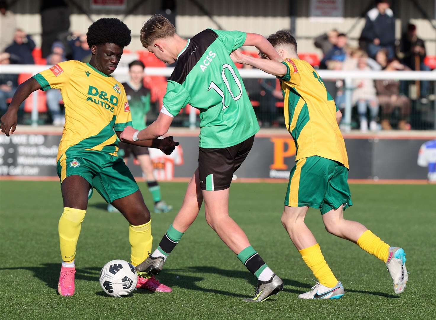 Greenway's Freddy Falconer is closed down during the Kent Merit Under-15 Boys Cup Final. Picture: PSP Images