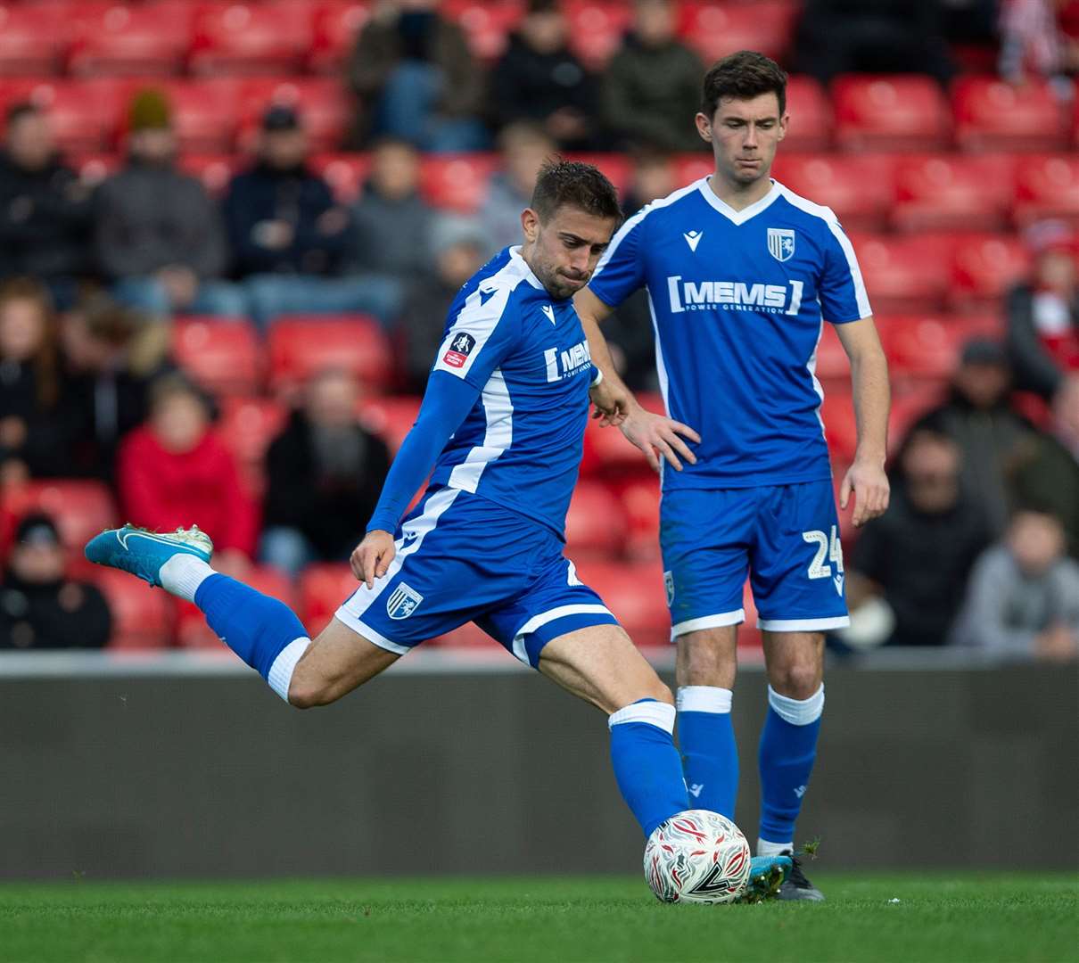 Olly Lee fires in a free-kick for the Gills Picture: Ady Kerry