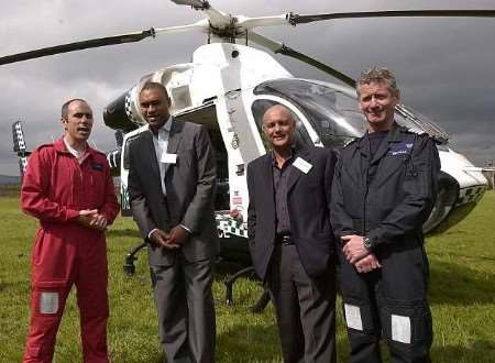 SKY HIGH AIMS: paramedic Gary Balderstone, Paul Elliott, a director of Charlton Athletic FC, actor Karl Howman and pilot Richard Cooke. Picture: JIM BELL