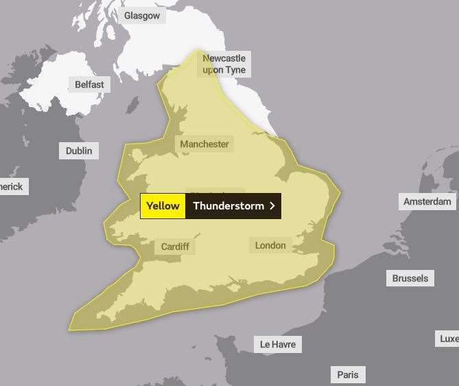The yellow warning in place for thunder. Photo: Met Office
