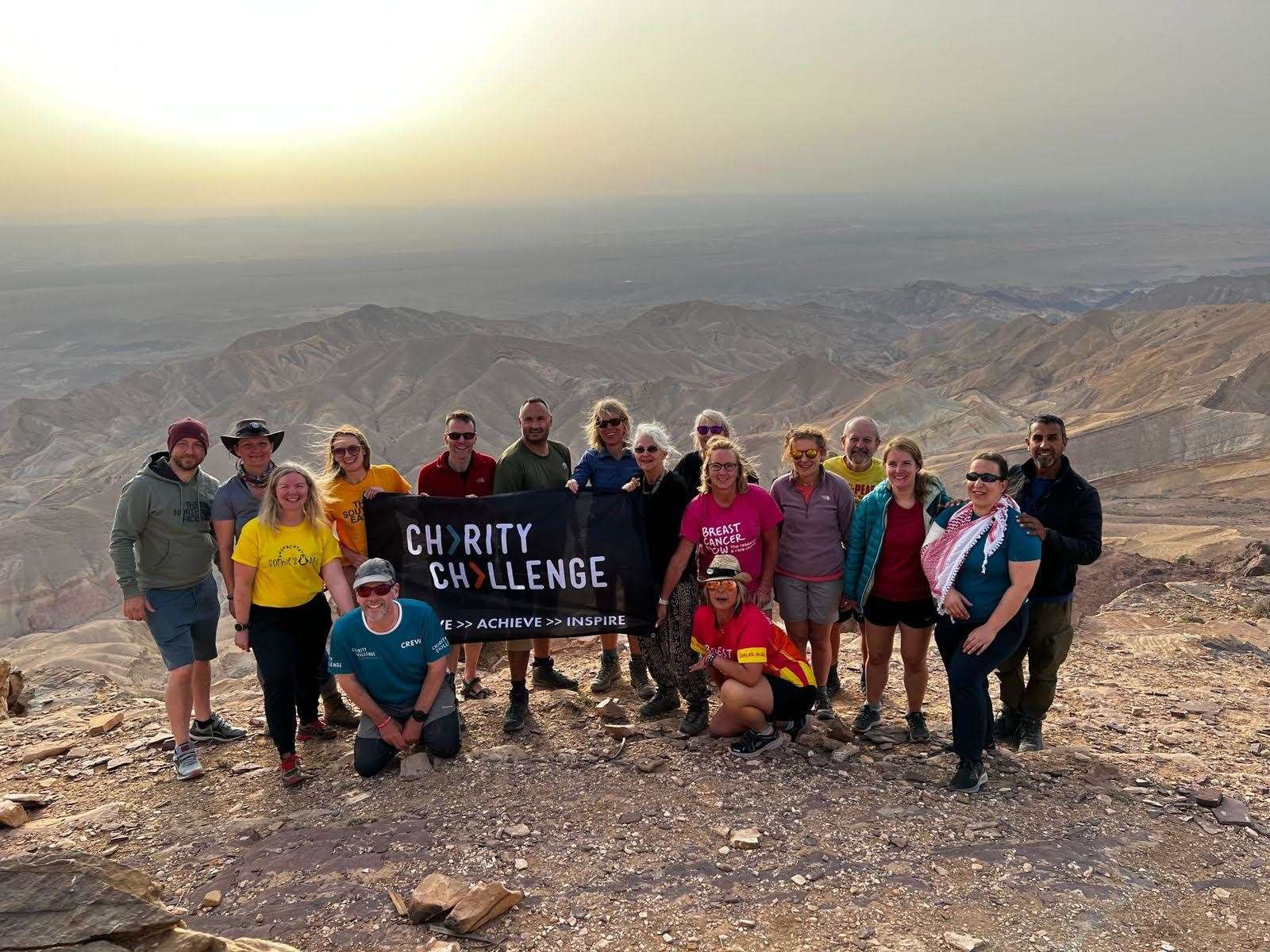 Kerry Banks and Jo Allen in Jordan with other charity marchers. Picture from Kerry Banks