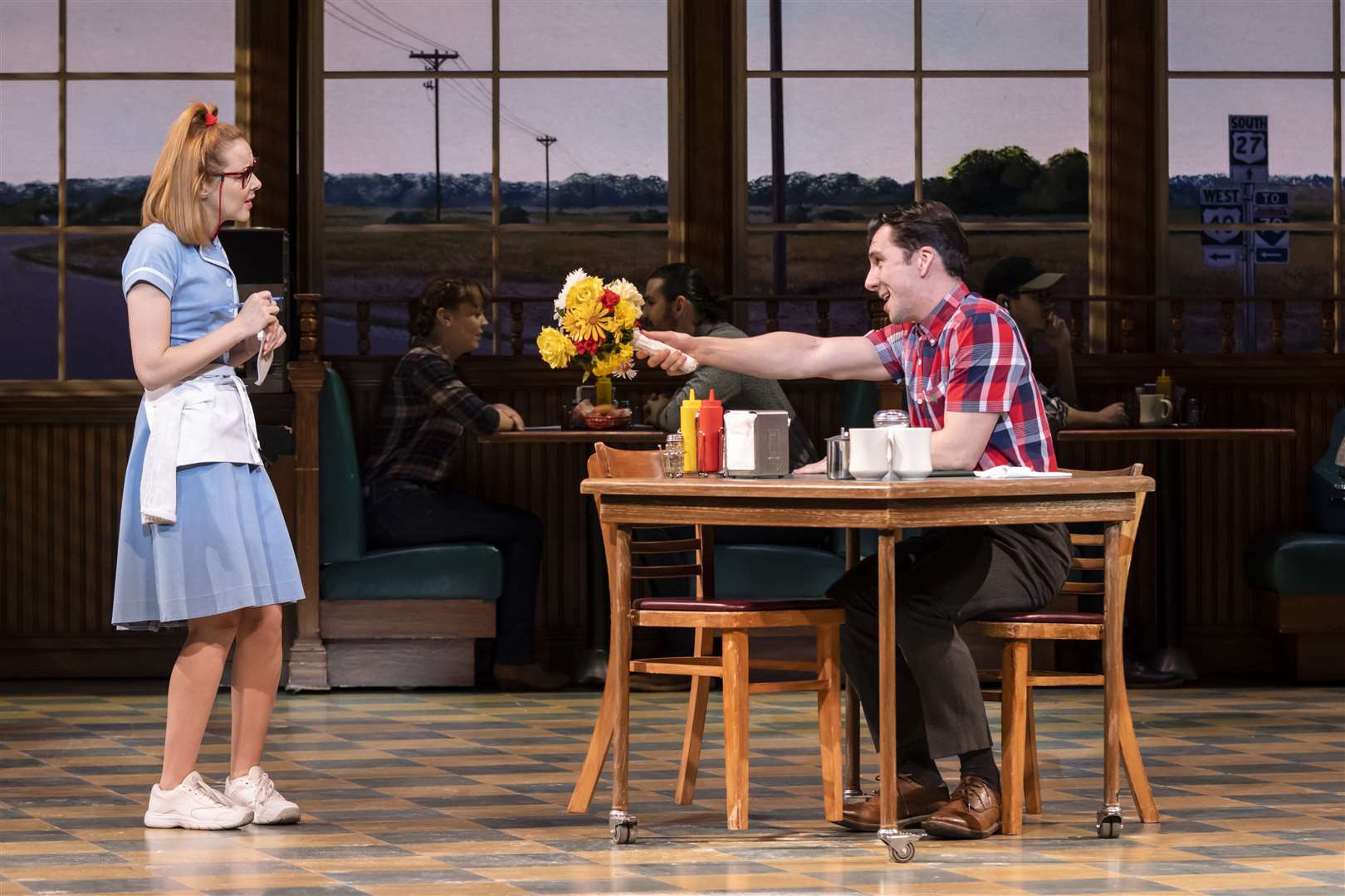 Evelyn Hoskins as Dawn and George Crawford as Ogie in Waitress. Picture: Johan Persson.