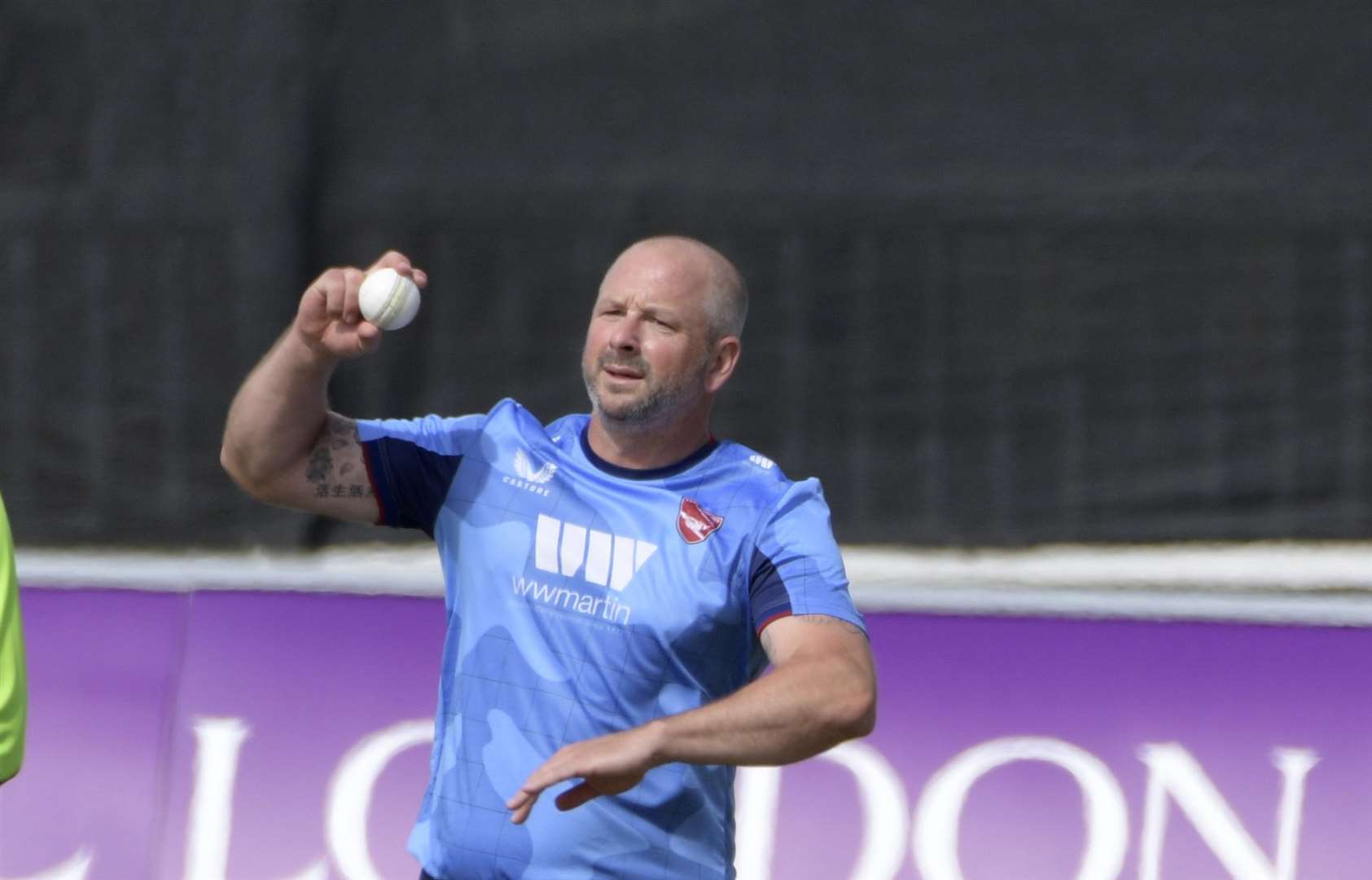 Kent all-rounder Darren Stevens bowling in his team's win over Lancashire on Tuesday. Picture: Barry Goodwin