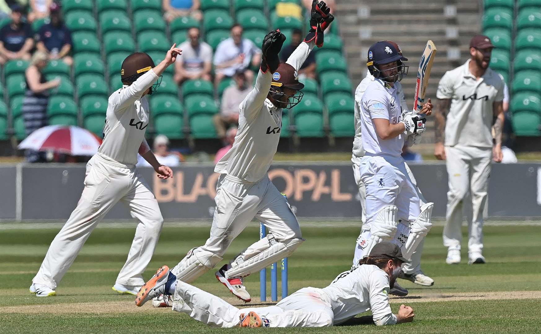 Ollie Robinson survives a loud Surrey appeal. Picture: Keith Gillard