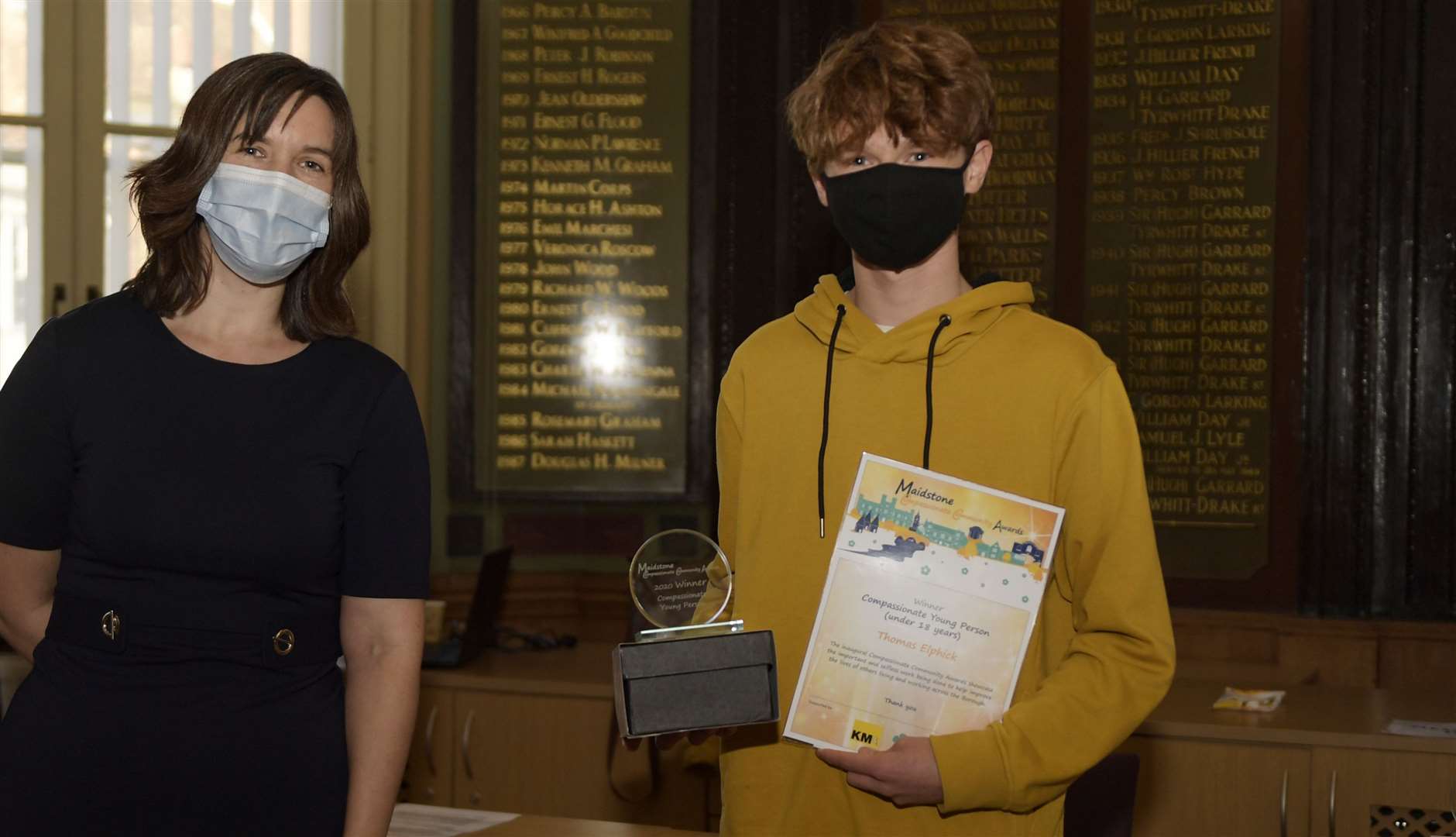 Thomas Elphick was presented with his Compassionate Young Person award by Mary Graham, Deputy Editor at the Kent Messenger. Picture: Barry Goodwin