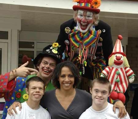 SMASHING TIME: Dame Kelly with Shane Springate and Ian Cheek, Pepe the clown and Julian the juggler. Picture: MATT WALKER