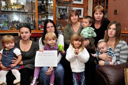 Catherine Harmon, with Grace, 19 months, Sam King with Holly, 20 months, Claire Hook with Aaleigha, three, and Phoenix, two, Selena Gynne, Amy Miles and Lewis, three months, from the PALS group at Seashells Children and Families’ Centre, Sheernes