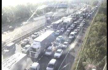 Queues after the crash between J4 and J5 London bound on the M20. Picture: Highways England
