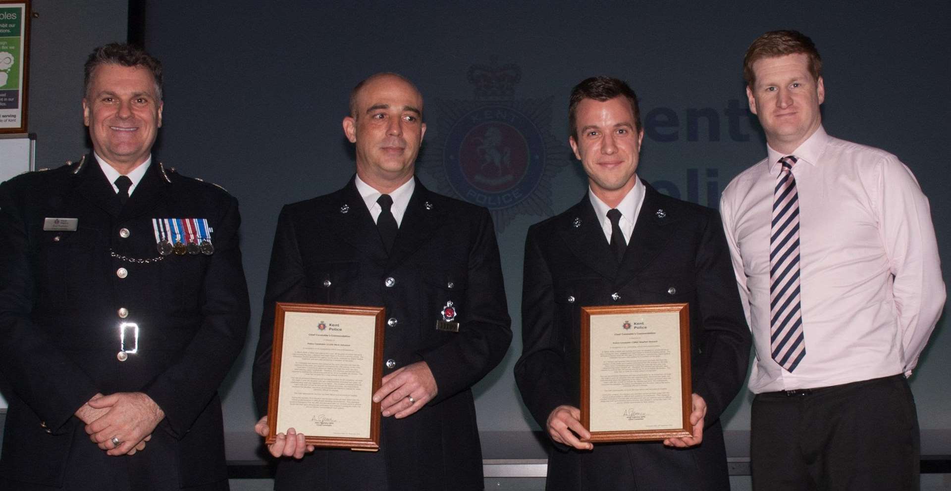 Chief Constable Alan Pughsley, PC Mark Johnston, PC Stephen Howard and crime commissioner Matthew Scott, picture Kent Police