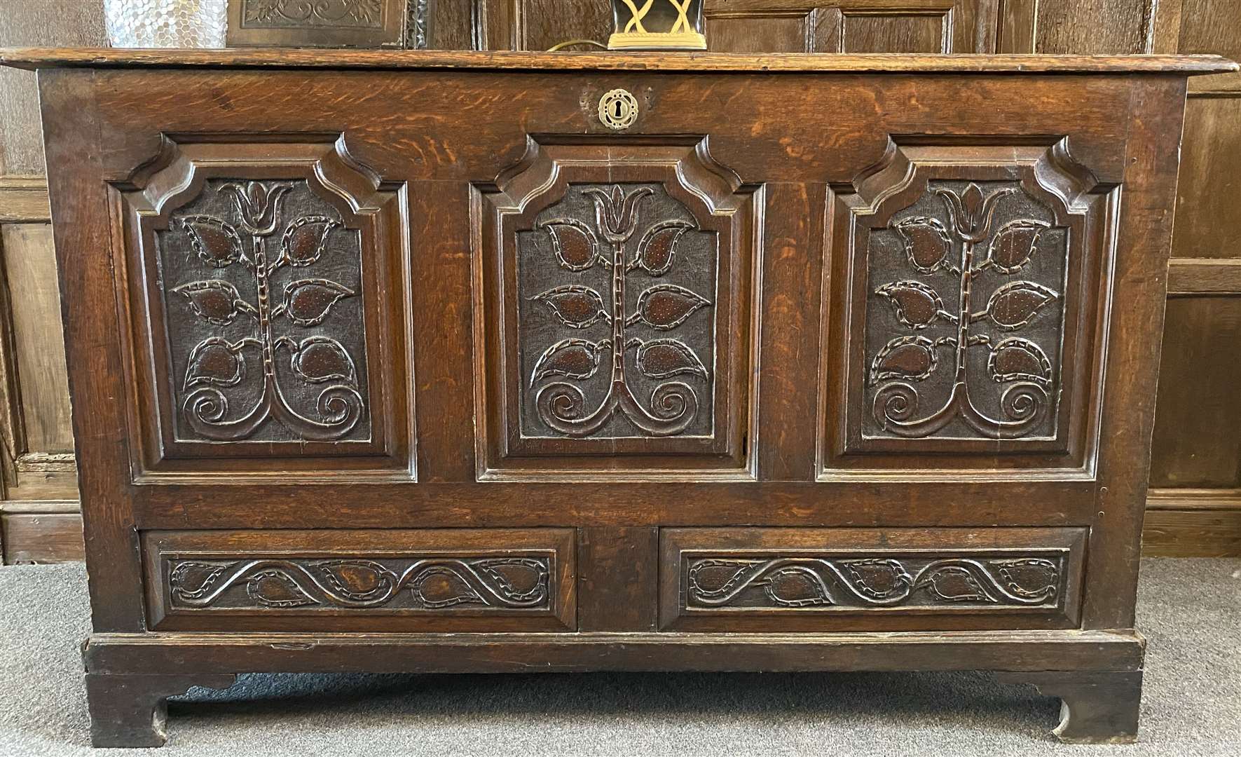 One of the oldest items in the property - a hand-carved oak coffer, which was once used to store bibles and blankets in the Medieval period