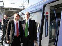 MP Paul Clark with Lord Adonis at the start of the high speed service today