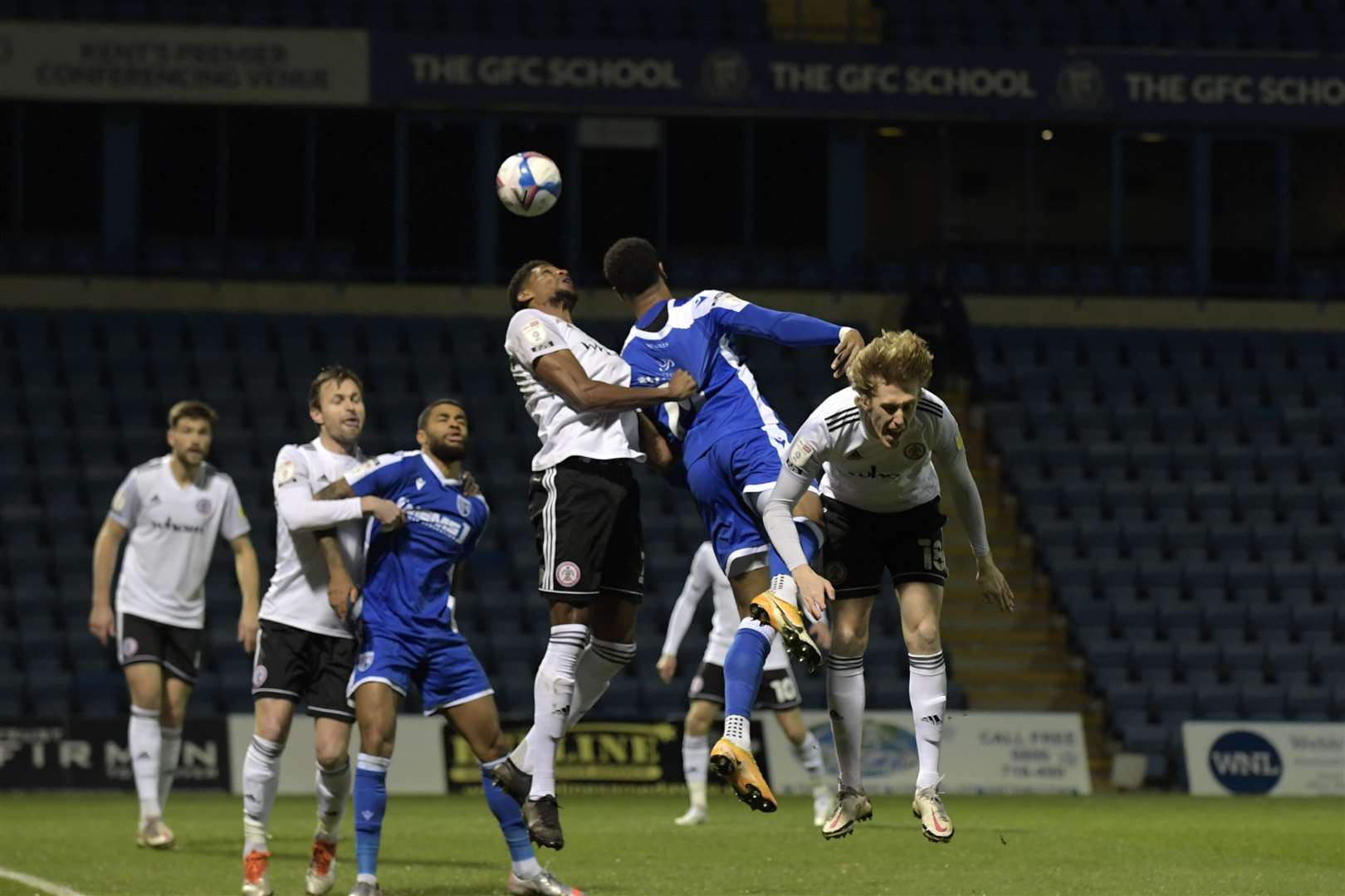 Vadaine Oliver gets up for the ball in Gillingham's defeat to Accrington Picture: Barry Goodwin
