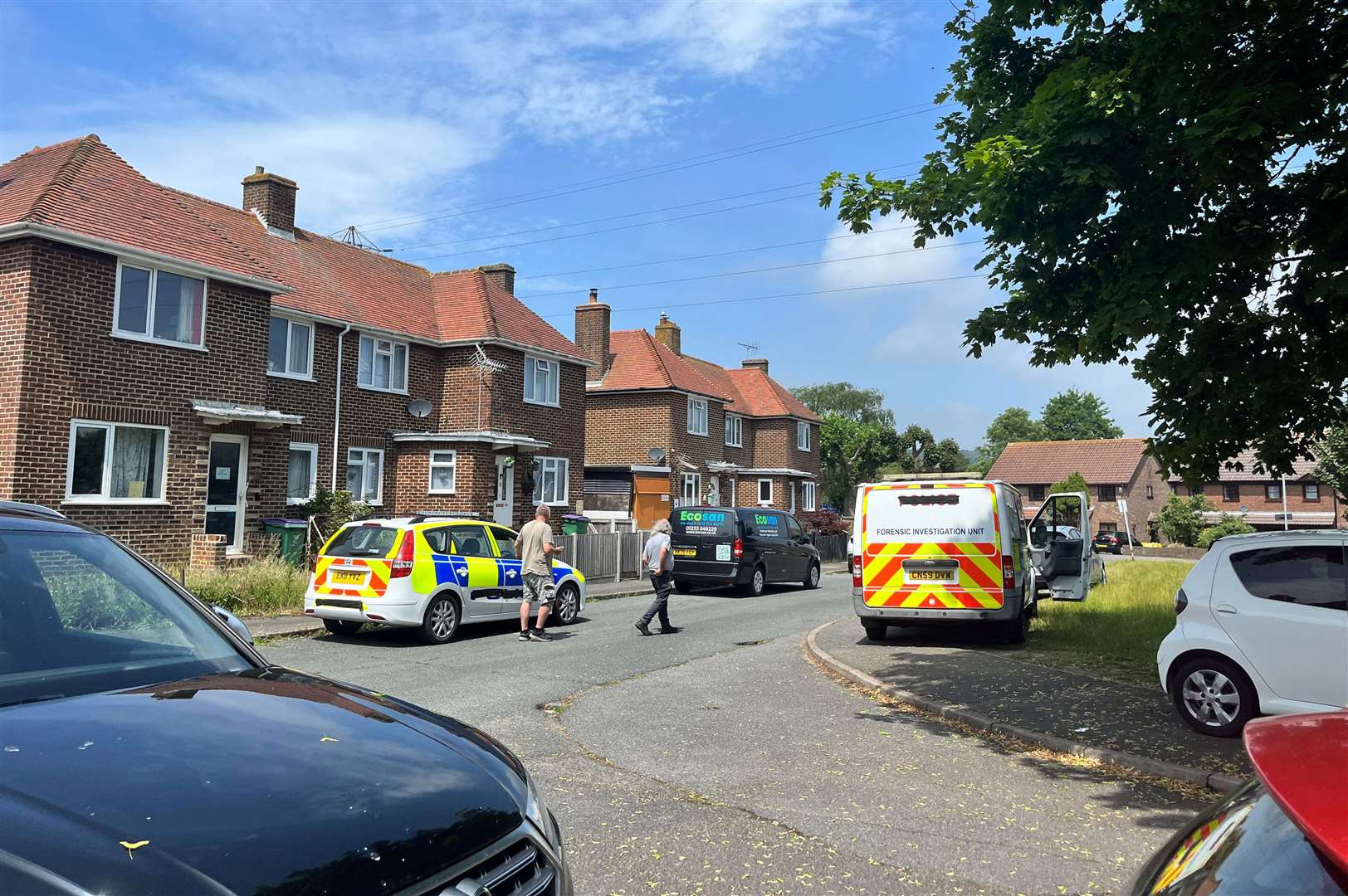 Police car and forensics van in Church Road in Cheriton, Folkestone, on Monday which are believed to be part of filming for a TV show