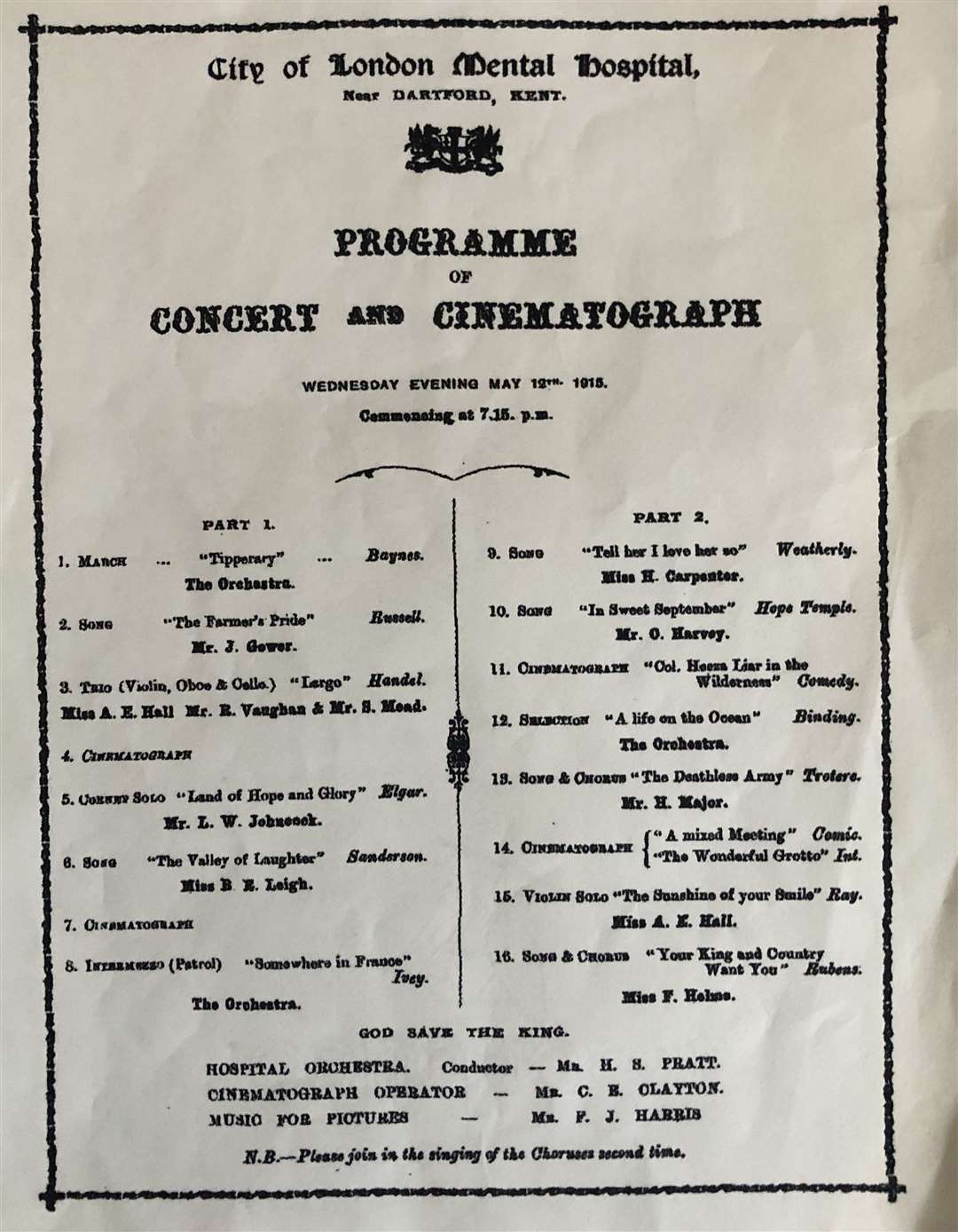 A programme of a concert held in 1915