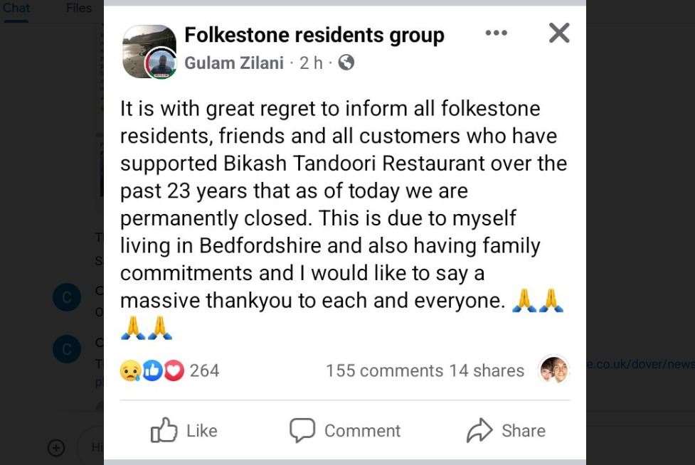 How the closure of the Bikash Tandoori restaurant was revealed. Picture: Facebook
