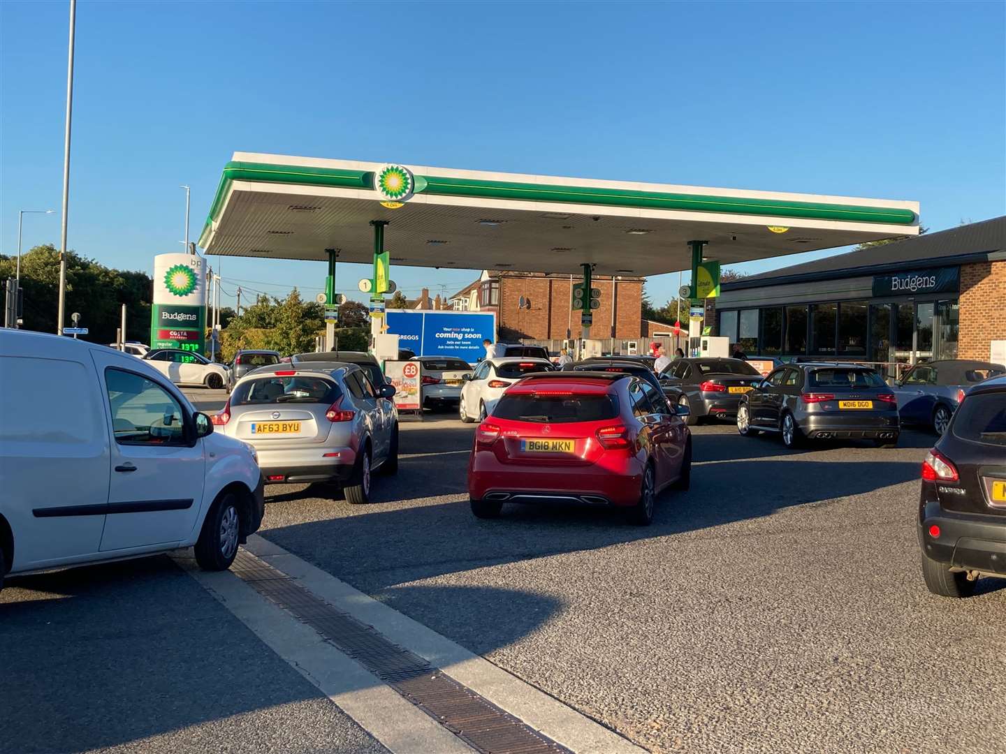 Queues built up at the BP garage at Queenborough Corner, Sheppey, on Friday as motorists tried to fill up with fuel. Picture: John Nurden