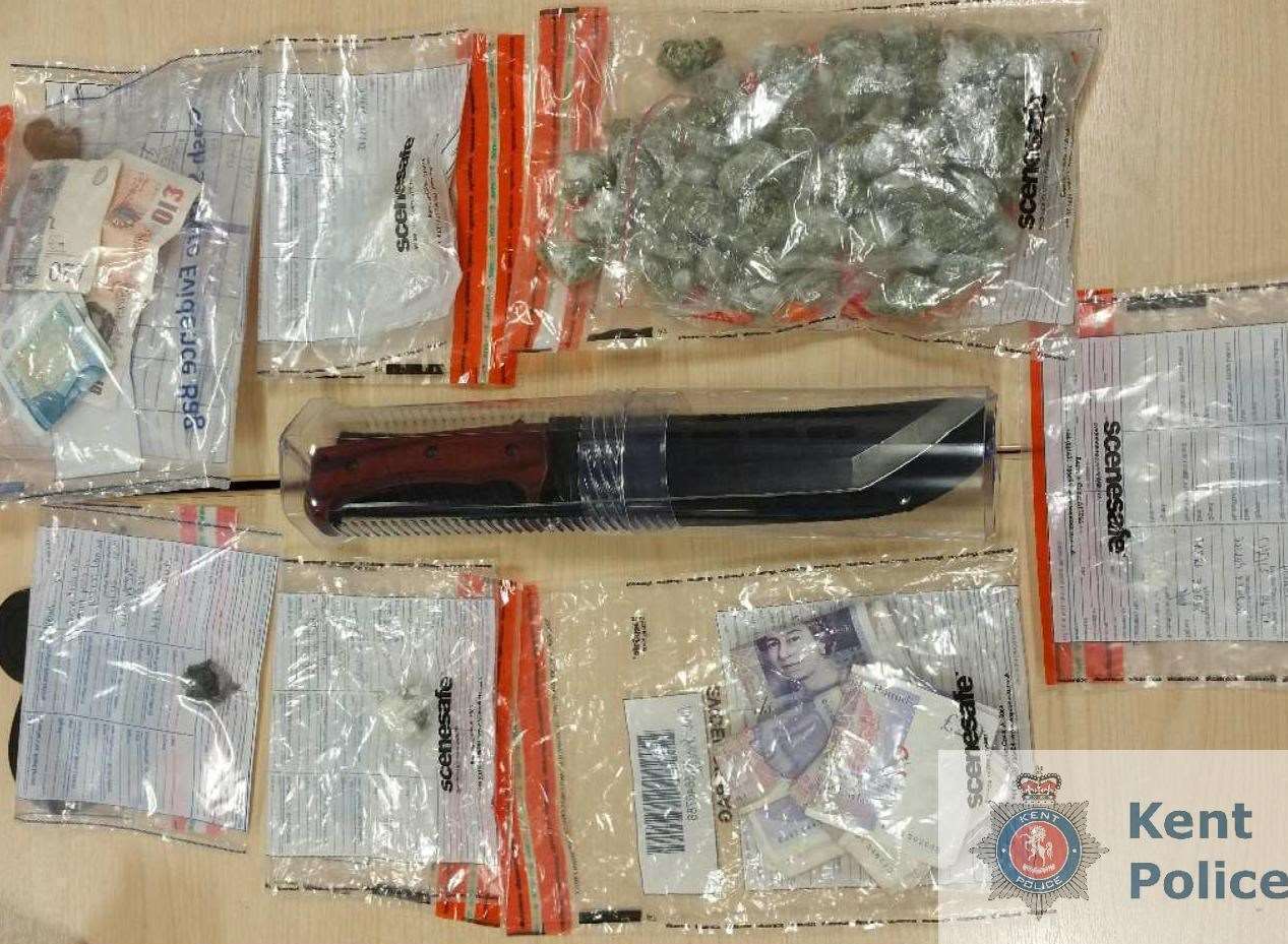 Cannabis, cash, and the knife were taken from the vehicle. Pic: Kent Police.