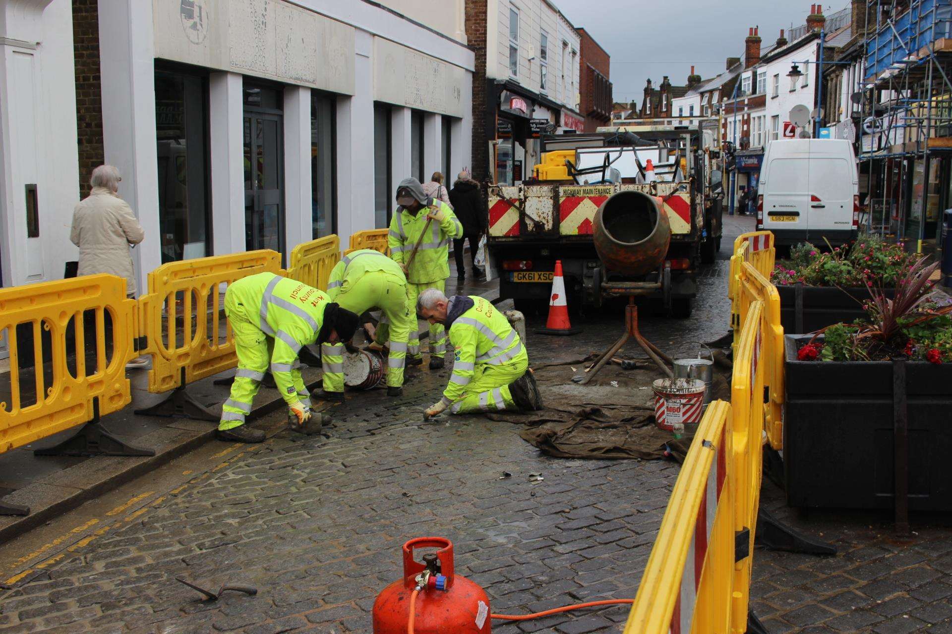 Sheerness High Street was closed for two weeks in October and November to replace drain covers and reset cobbles (5960367)