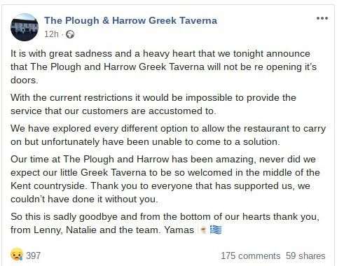 News of the decision to close was announced on the restaurant's Facebook page