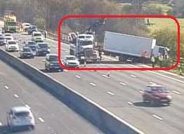 The lorry smashed into the safety barrier on the M25. Credit: Highways England