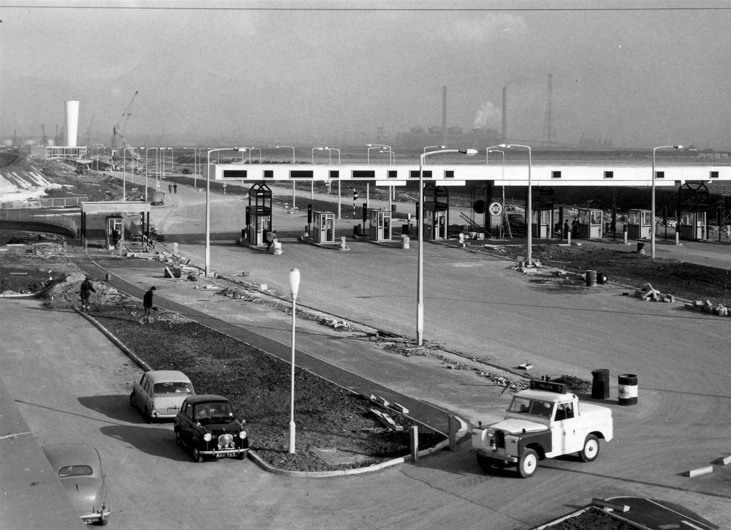 Construction of toll booths being completed at Dartford Tunnel. November 16 1963