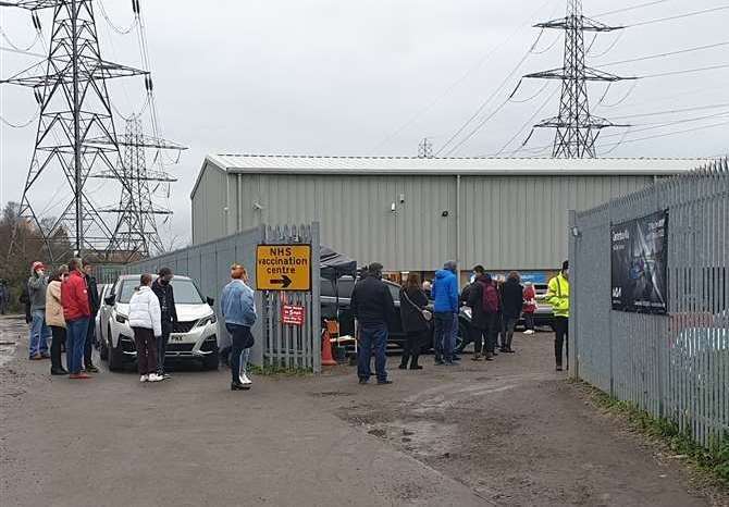 Huge numbers queued for vaccines at the Sea Cadets base in Vauxhall Road, Canterbury, on Monday