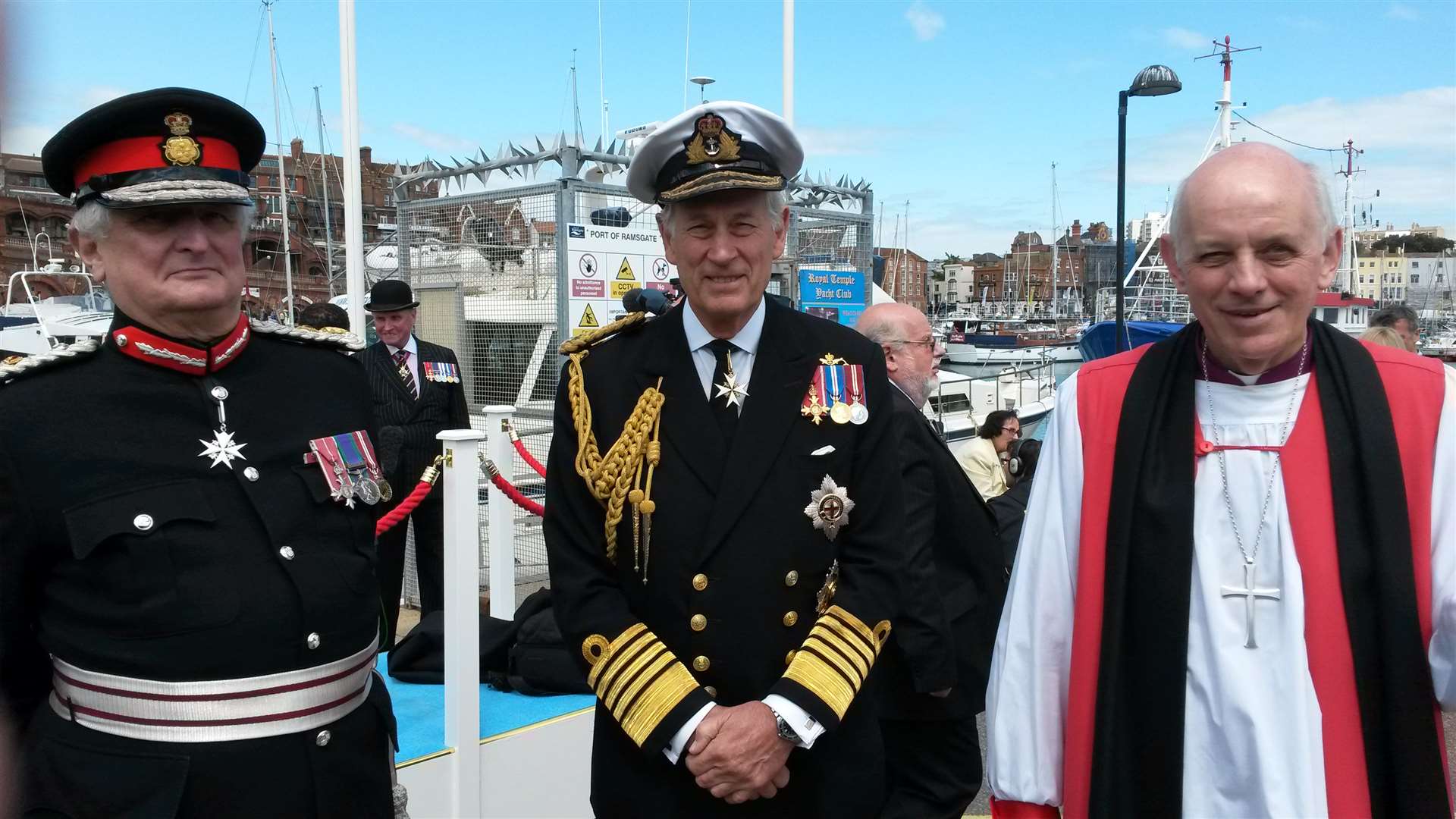 Lord Lieutenant Viscount De L'Isle (left), Lord Warden of the Cinque Ports Michael Boyce (middle) and the Bishop of Dover Trevor Willmott (right).