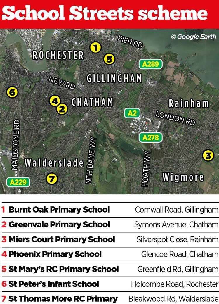 The seven schools to be affected by the School Streets scheme across Medway