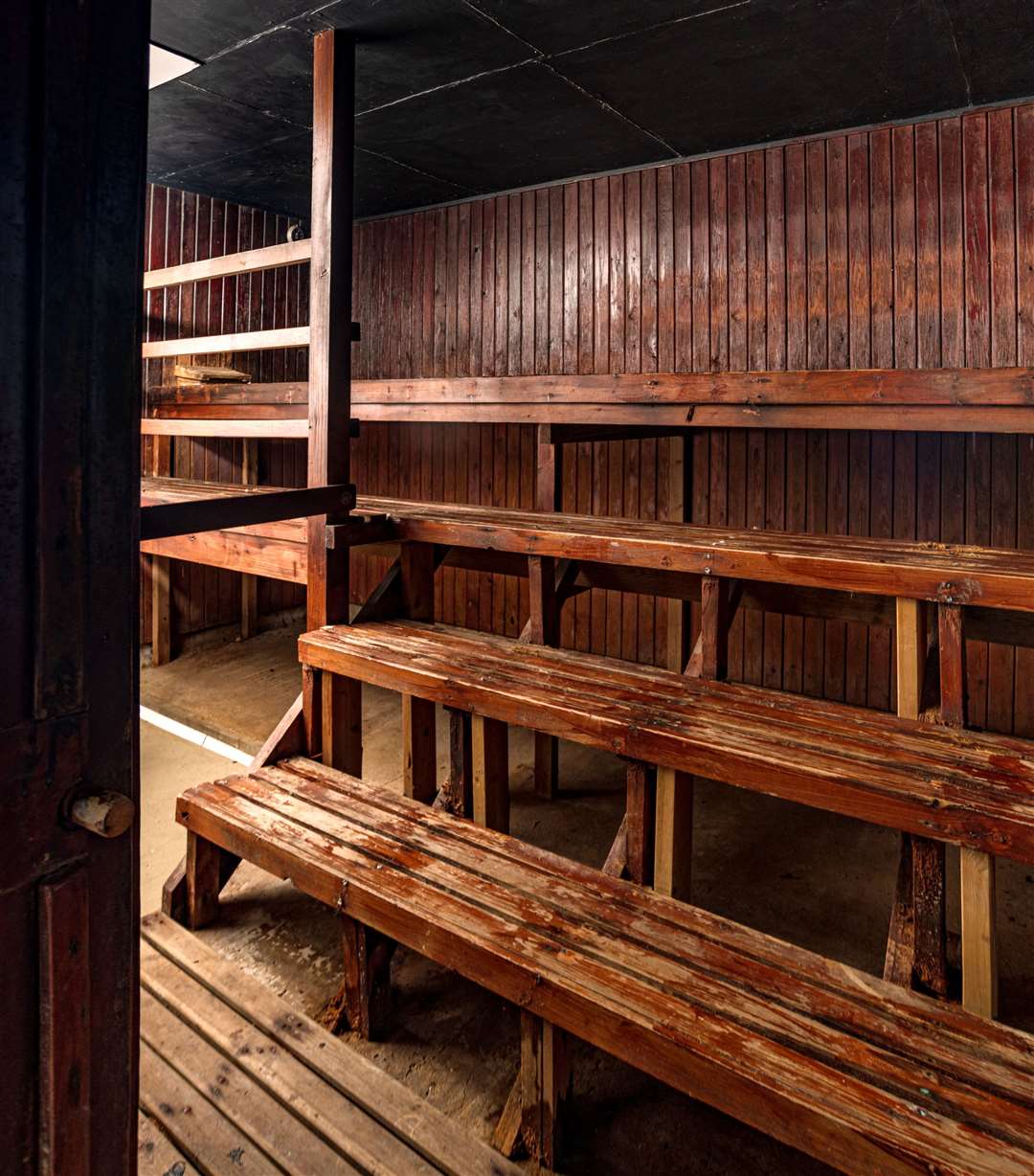 Inside the sauna cabin of the 1948 Olympic building