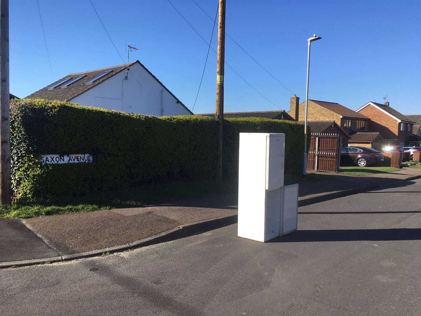 Fridge-freezer dumped in Saxon Avenue, Minster, Sheppey at the junction with Glenwood Drive