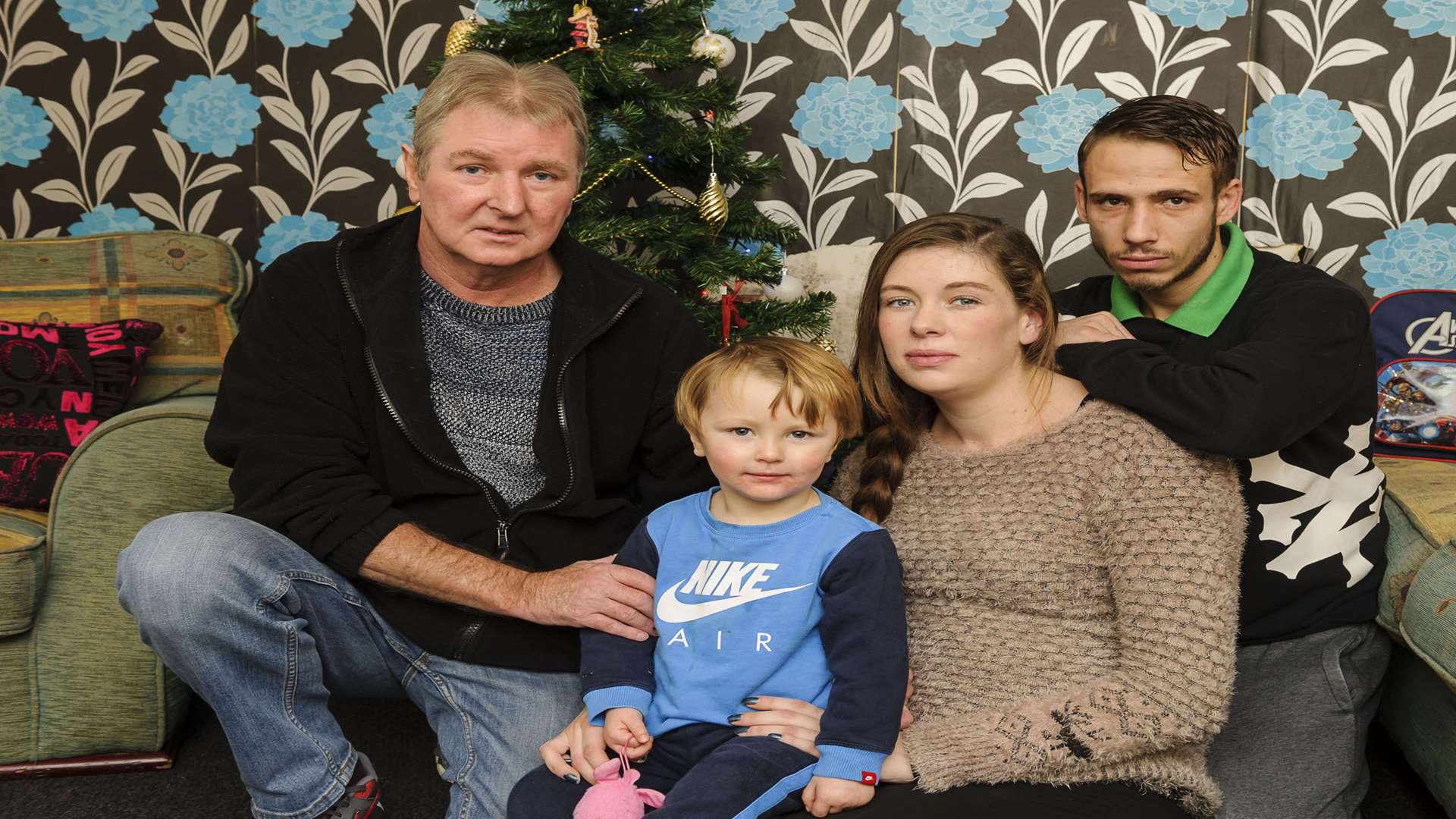 Dad Steve Wilson, left, and partner Ryan Andrews visit Nicola Wilson and Harvey to offer support. Picture: Andy Payton