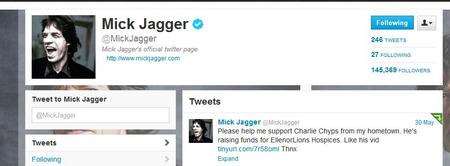 Mick Jagger has tweeted in support of Charlie Saunders and Tony Saunders who are rapping for EllenorLions Hospice