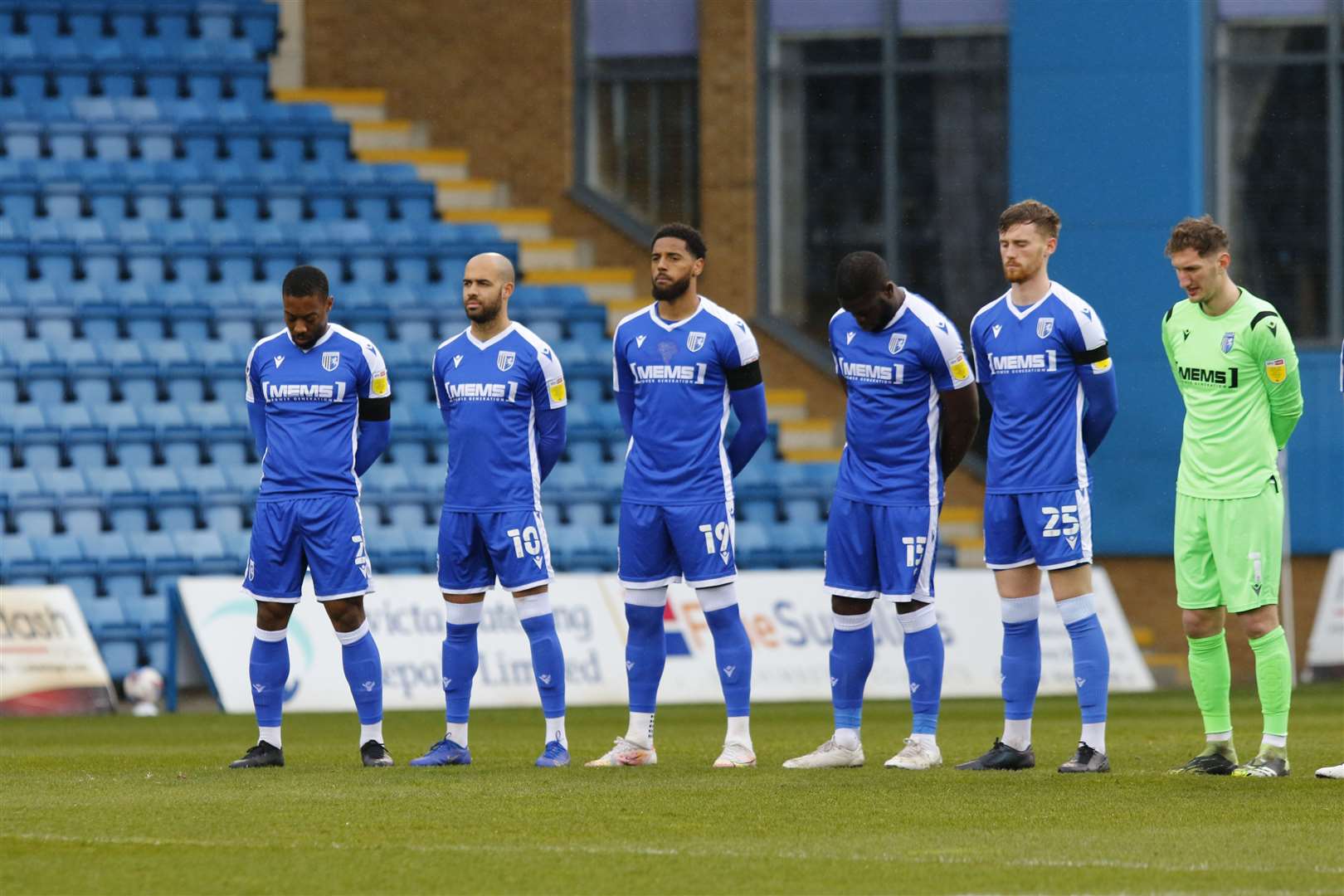 Gillingham players during a two minute silence for HRH Prince Philip before kick off against Shrewsbury Picture: Andy Jones