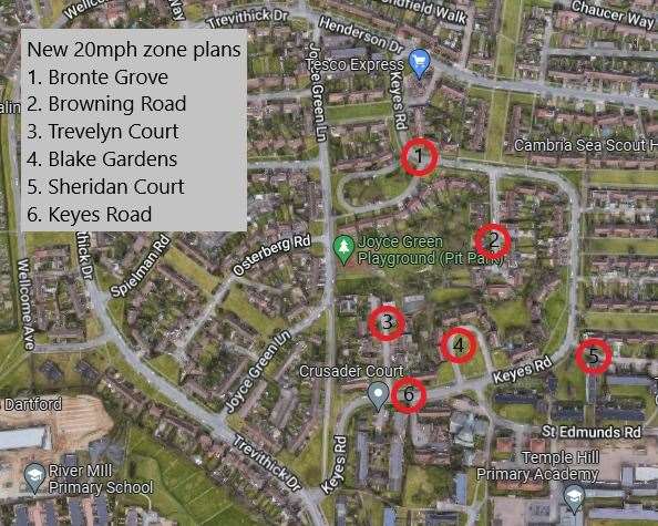 Kent County Council proposals for new 20mph zones in Temple Hill, Dartford. Source: Google Maps