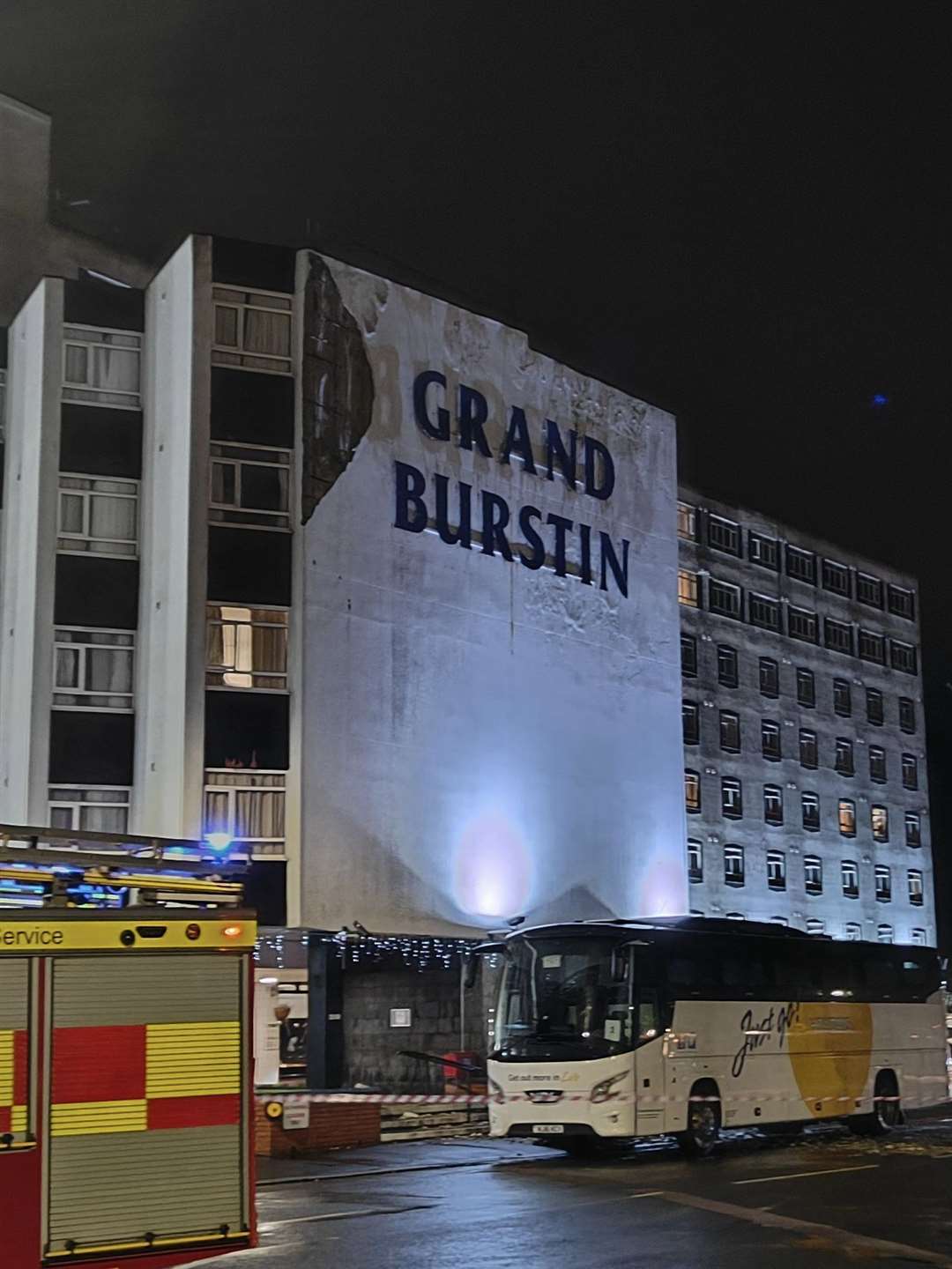 Part of the front of the Grand Burstin Hotel in Folkestone has fallen into the street. Picture: Steve Wood