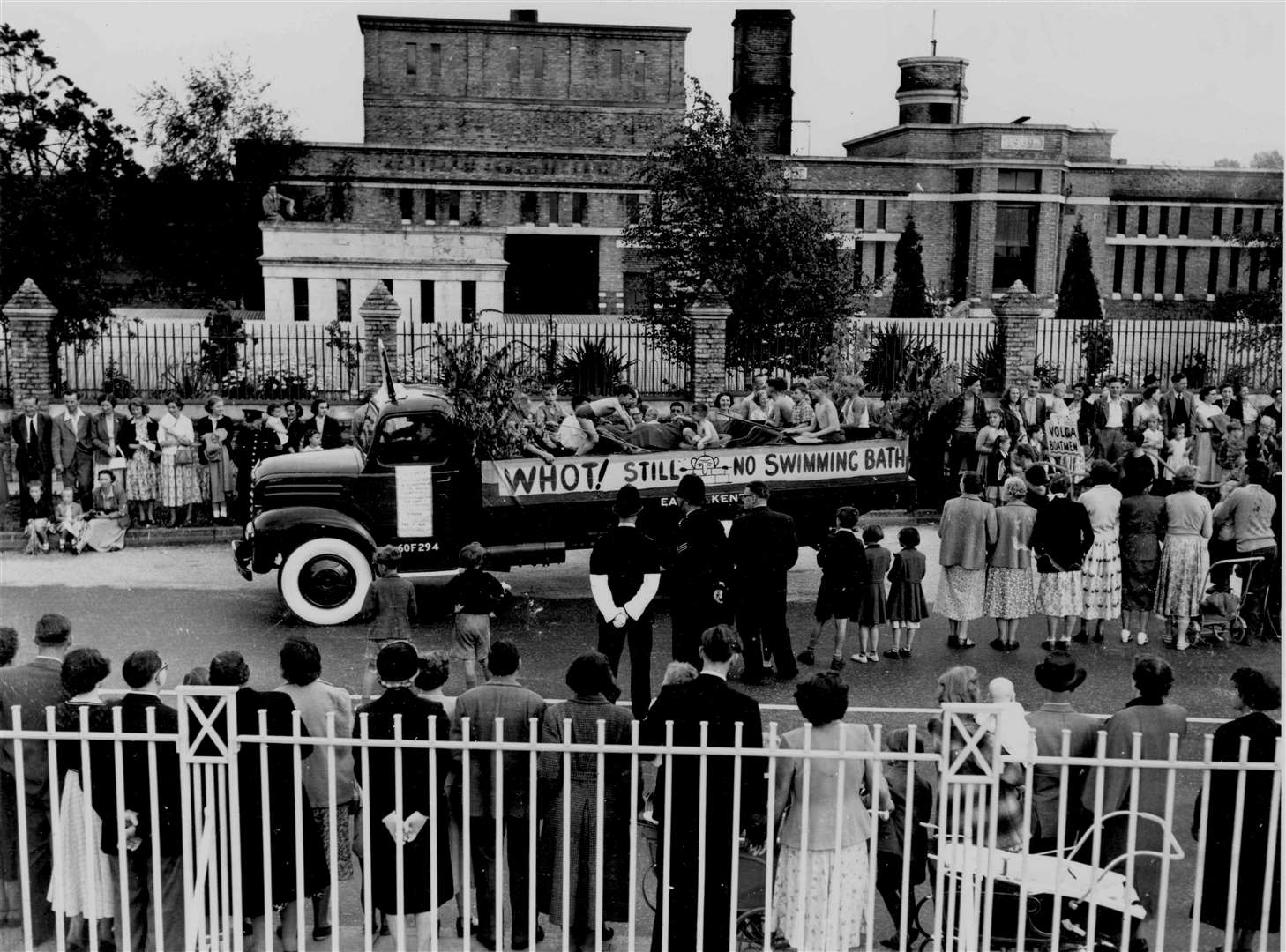 The open-air baths at Whitehall Road, Canterbury, had been closed to swimmers since the war - and the pool at Kingsmead did not open until 1970. There was a long campaign for an alternative as this 'Kingsmead Lido' float demonstrates in the carnival in August 1954