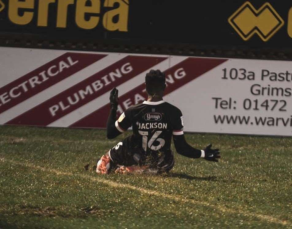 Special moment for Ira Jackson after putting Grimsby 1-0 up against Mansfield Picture: Liam Emmerson L3 Visuals