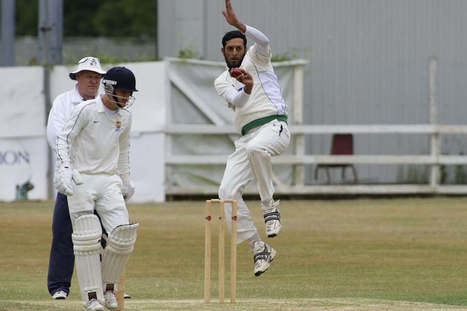 Lordswood bowler Adil Hussain looks for a breakthrough against Bromley. Picture: Andy Payton