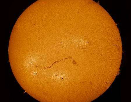 The hair–like line in this view of the sun is a filament more than 600,000 kms long. Picture: Paul Andrew