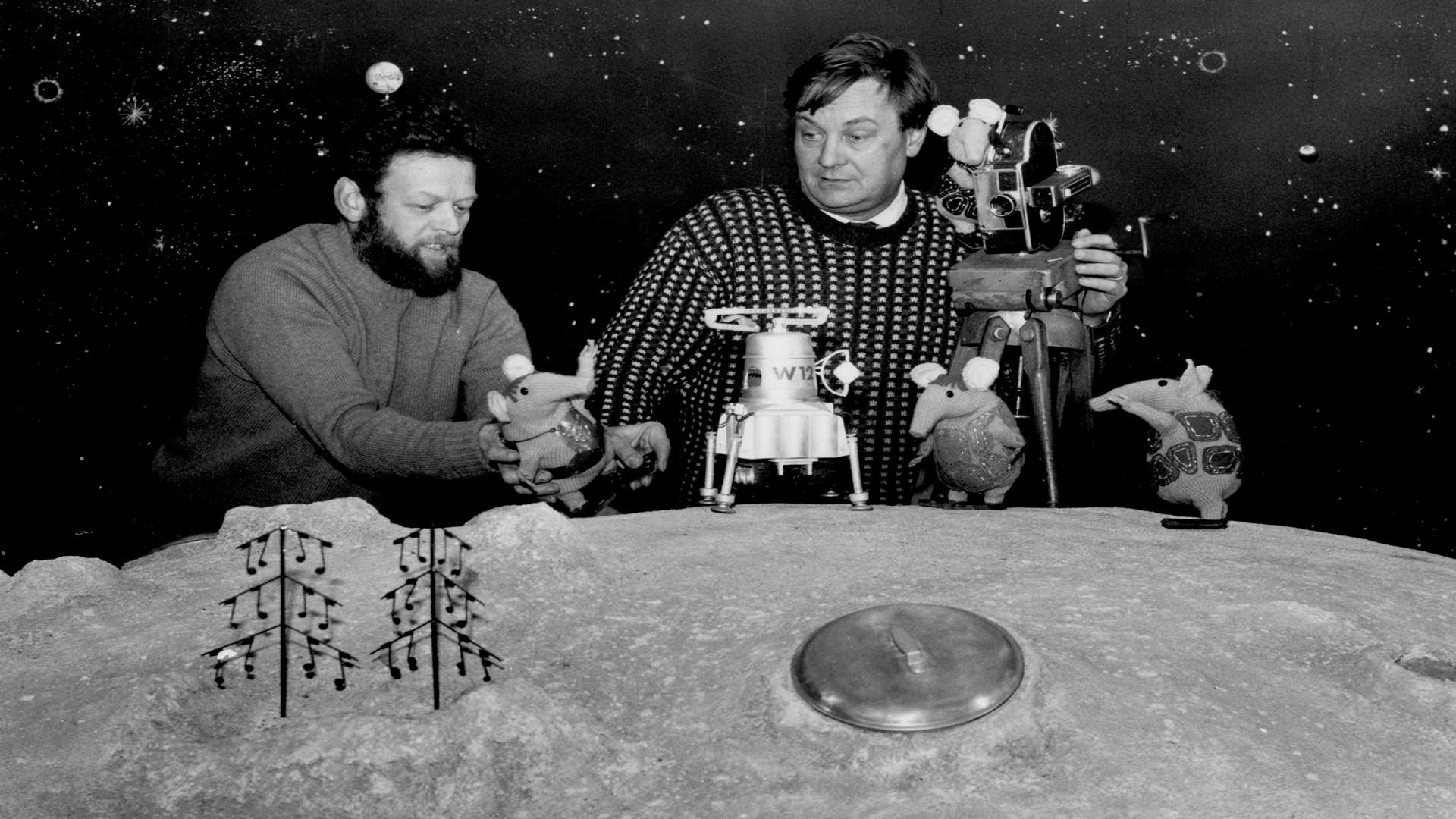 Peter Firmin, left, and Oliver Postgate at work on The Clangers in their Blean studio